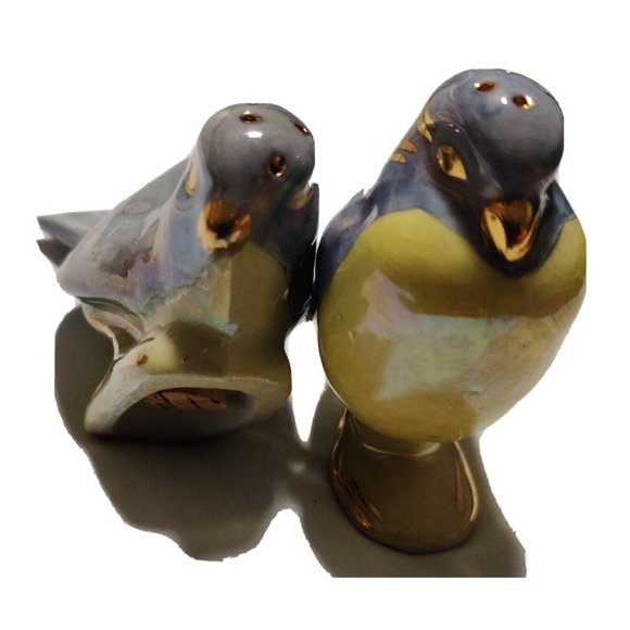 Vintage Blue Yellow Birds Salt & Pepper Shakers Gold Detailed Glossy Porcelain - Picture 5 of 16